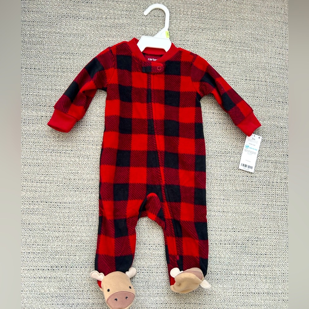 NWT Baby Boy Carter’s One Piece Plaid Print Reindeer Loose Fit Long-Sleeve Sleep